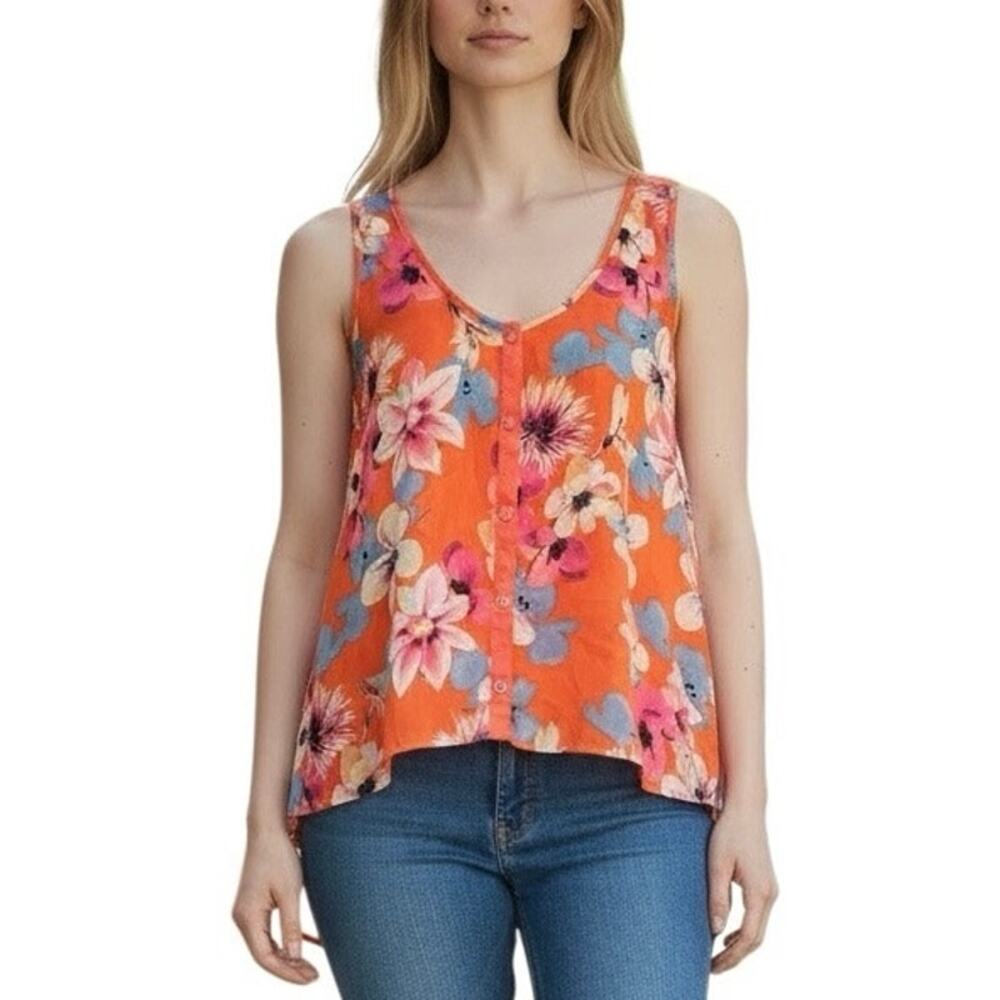 Candie’s L Floral Sheer Tank Top Tropical Orange Button Blouse Large